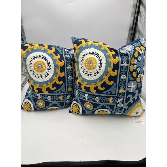 Set of 2 Embroidered Decorative Throw Pillows – Blue, Yellow & White - Picture 1 of 8
